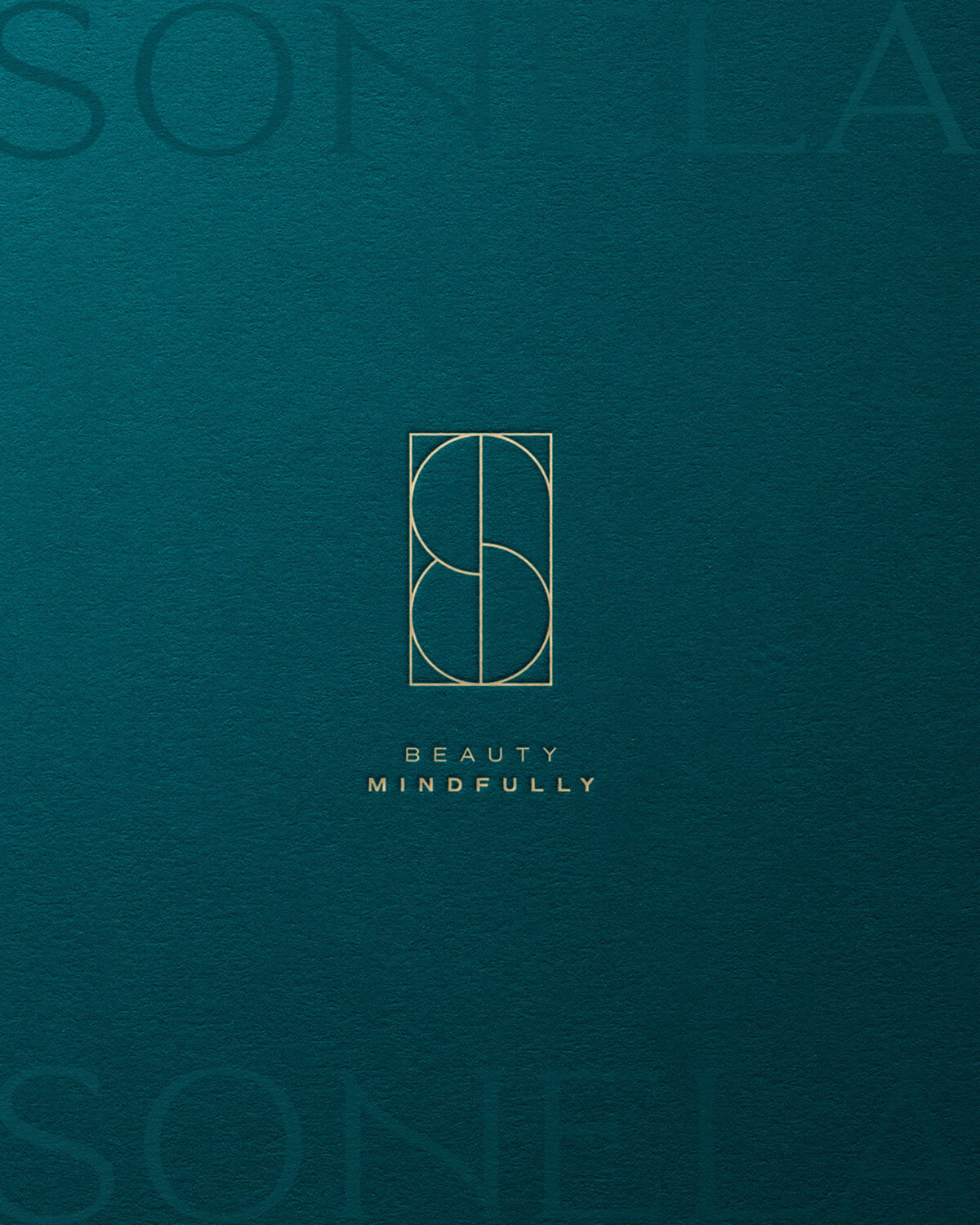 Gold foil brand icon for Sonela Beauty over teal background — identity by Sarah Shuttle Luxury Brands