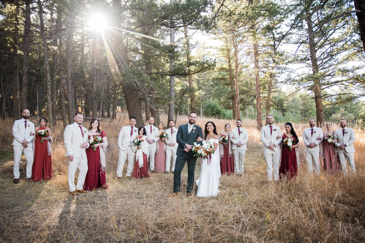 A bride and groom pose elegantly in the center, surrounded by their wedding party on either side at The Pines at Genesee in Denver, Colorado.