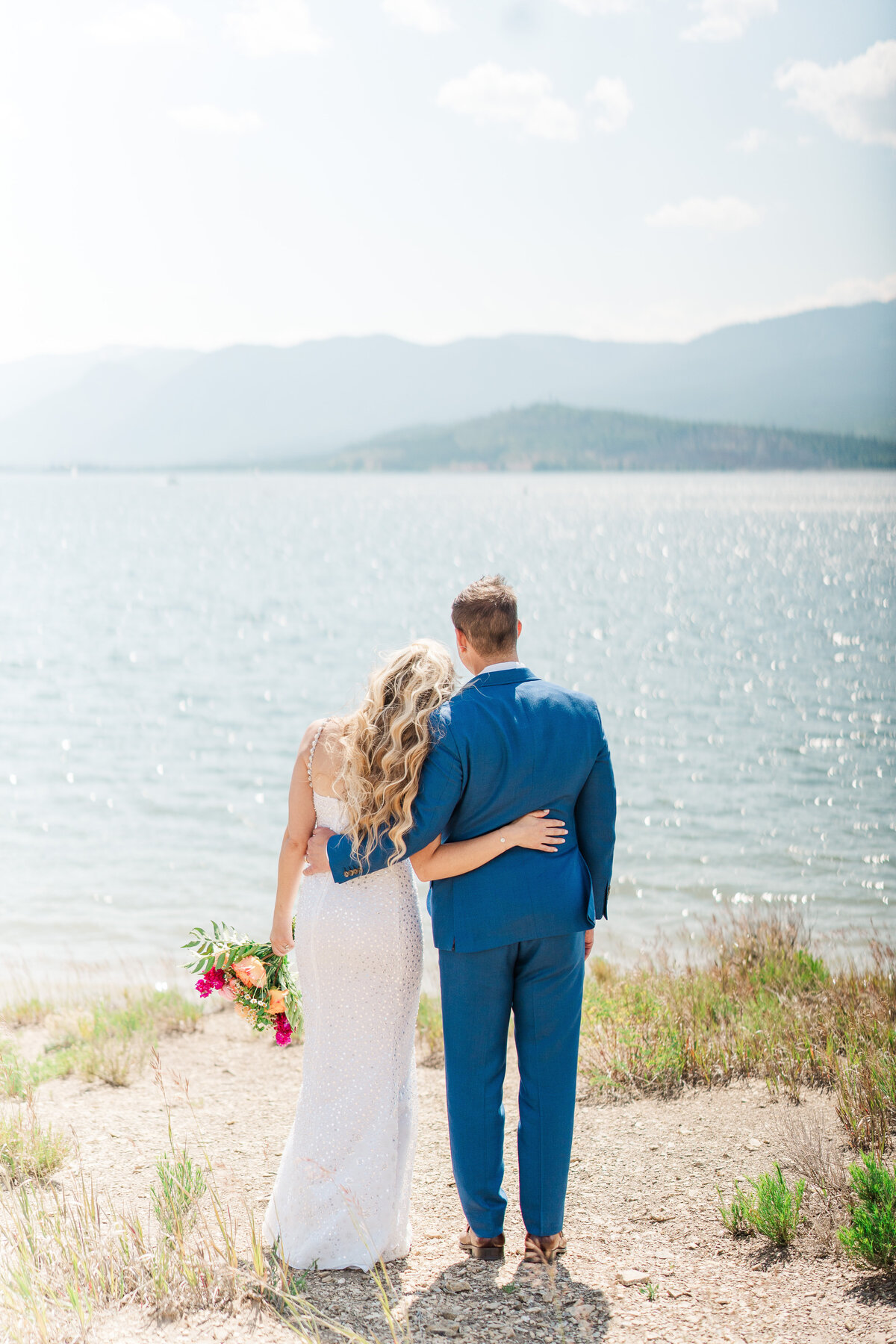 Lake Dillion Reservoir Colorado Elopement Wedding Mountain View Summer Pink and Orange Florals Sparkly Dress Light and Airy Elena Spraguer Photography0120
