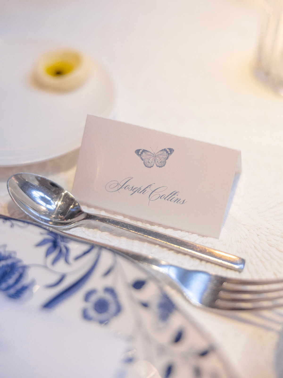 A table setting features a name card with a butterfly illustration, labeled Joseph Collins. A spoon and fork are placed on a white and blue floral-patterned plate. A small dish with butter is in the background.