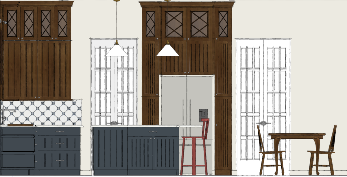 walnut cabinetry. navy cabinets. french kitchen design. french manor home kitchen elevation. brick mantel hood. cape charles interior designer. ex-pat interior design. agen'd aveyron designer. 