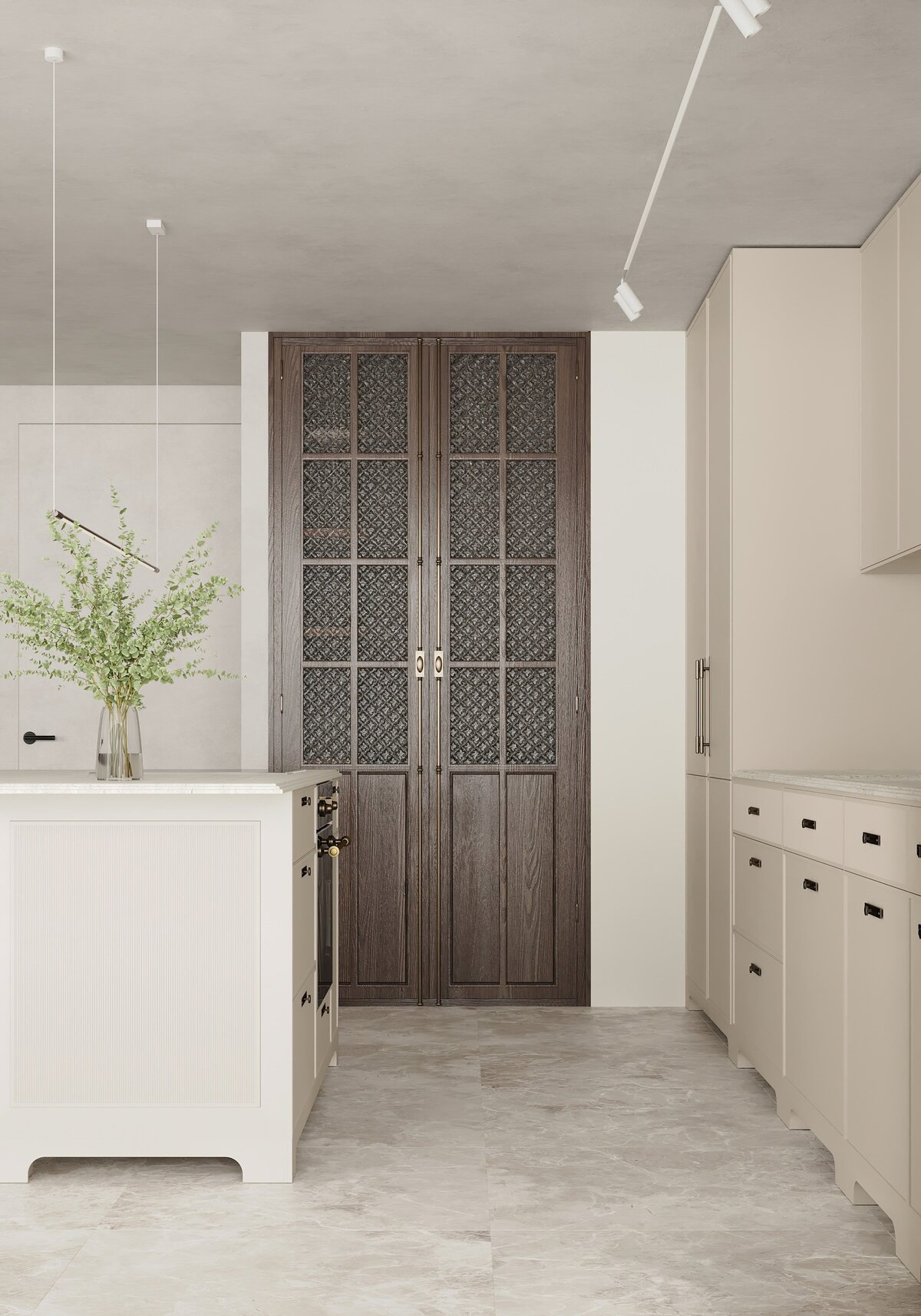 White kitchen with tall wood pantry doors