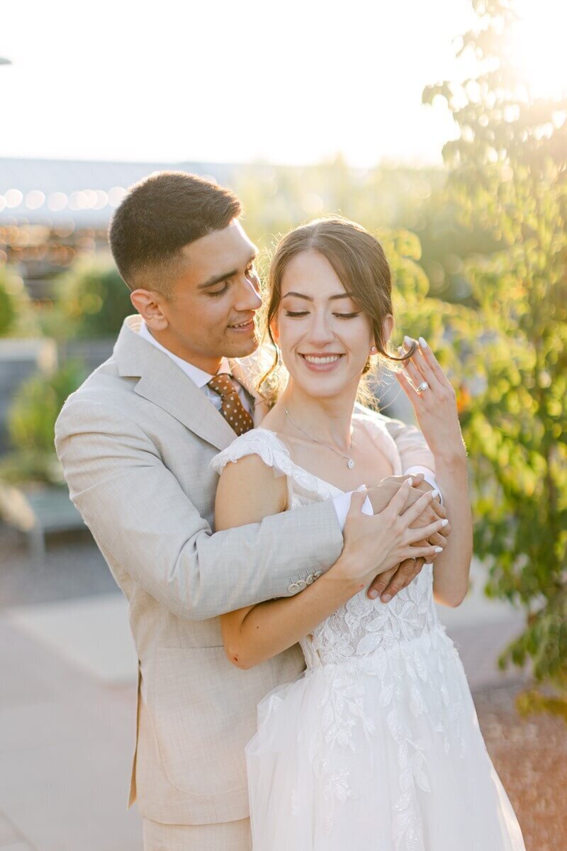 bride and groom sunset portraits at terrain gardens