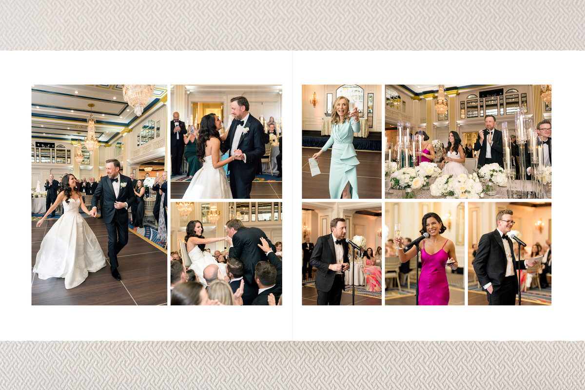 A collage captures a formal wedding reception. The couple dances, speaks, and interacts with guests. Guests, including those giving speeches and enjoying the event, are dressed elegantly. The setting is a grand hall with floral decorations and chandeliers.