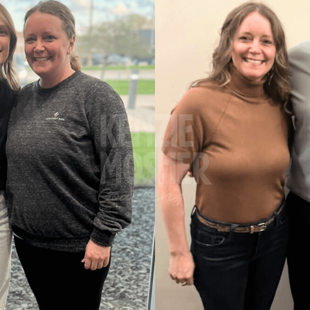 Before and after photos of sustainable weight loss achieved through functional fat loss coaching.