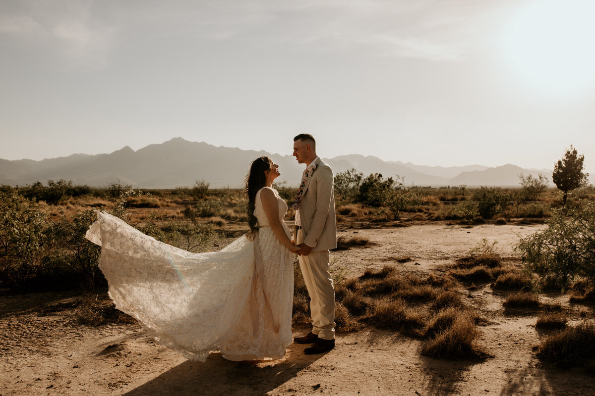 bride and groom standing together in the desert with dress blowing in the wind