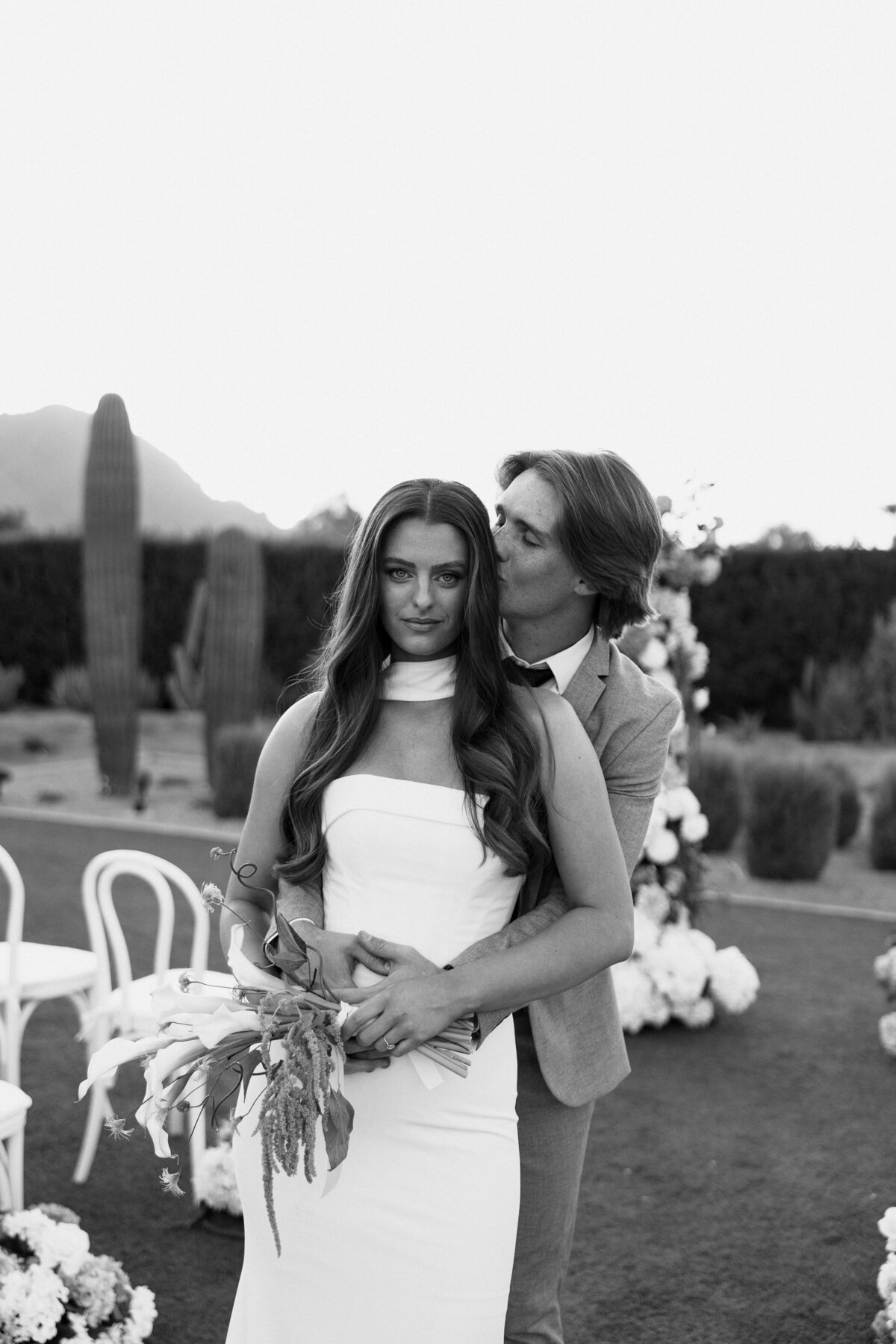 chic black and white editorial wedding portrait in the arizona desert with modern cactus background