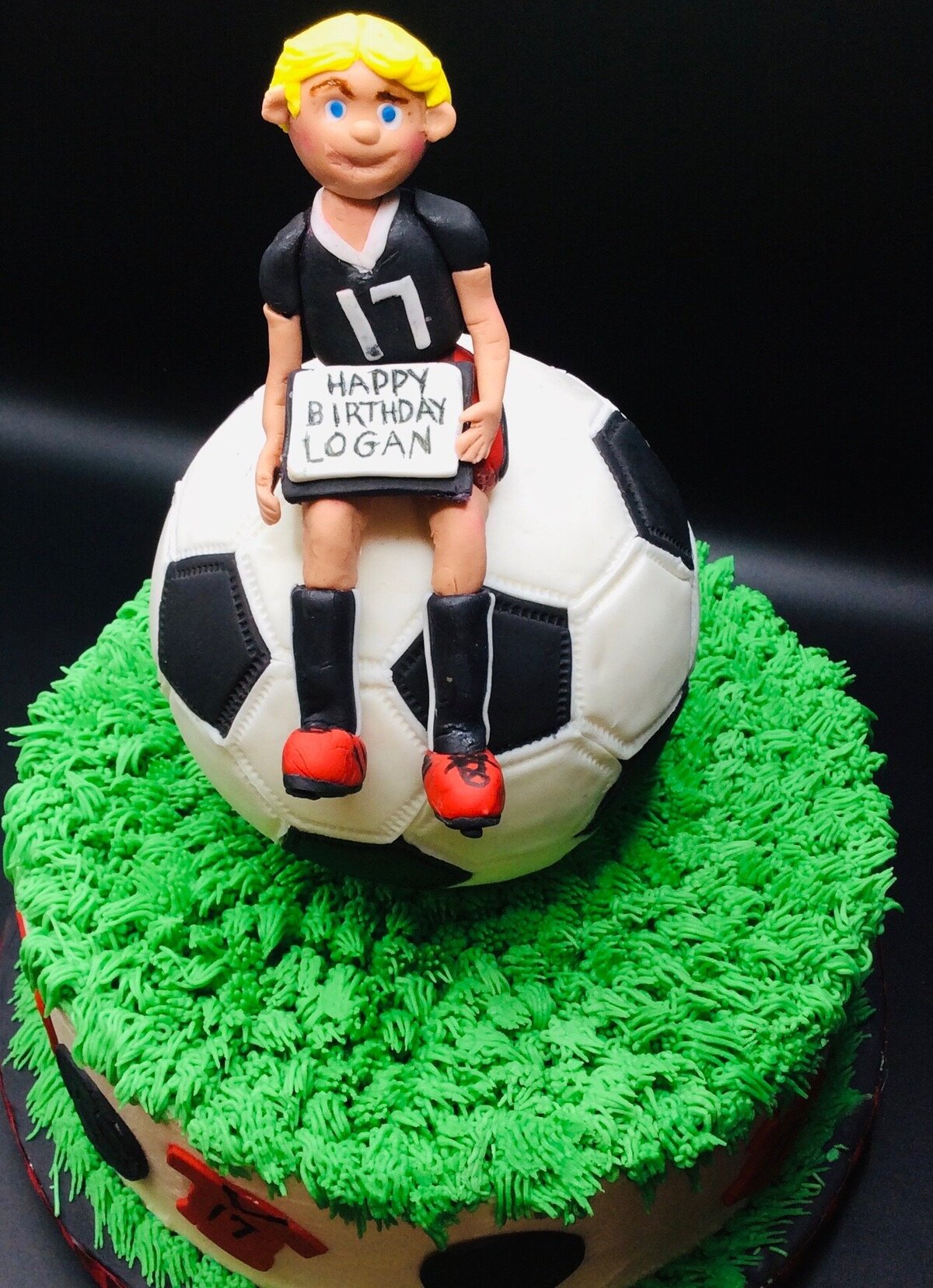 2 tier cake decorated with grass, and soccer shirts. Top tier is a round soccer ball with a soccer player sitting on top of it