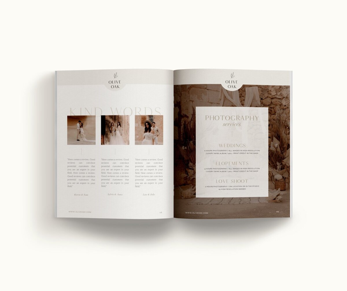 Elegant pricing guide template for photographers Olive Oak 6