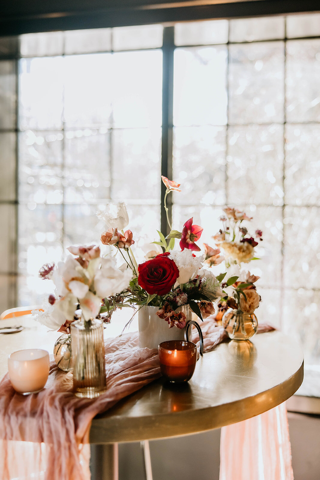 Elegant floral centerpiece at a South Orange NJ brunch celebration in Essex County.