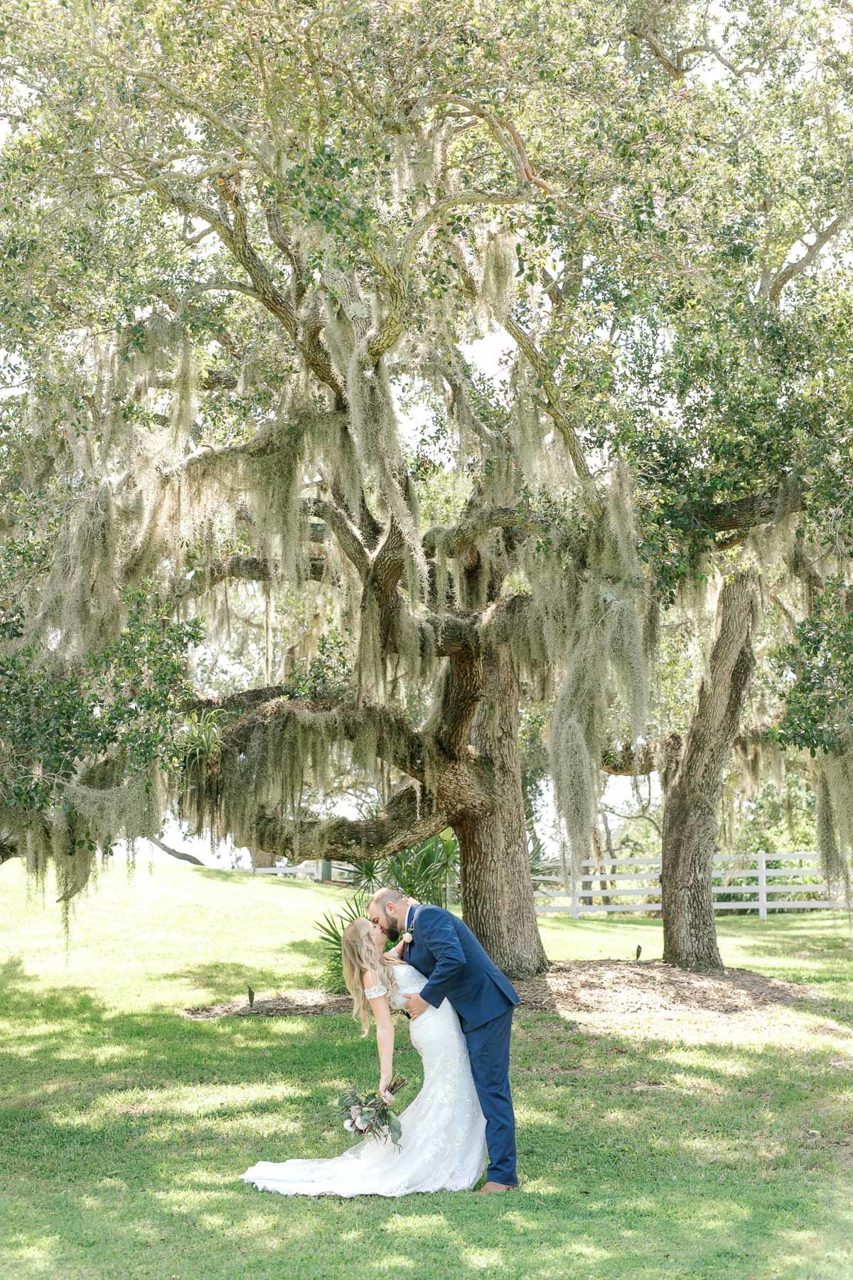 couple kissing under oak tree