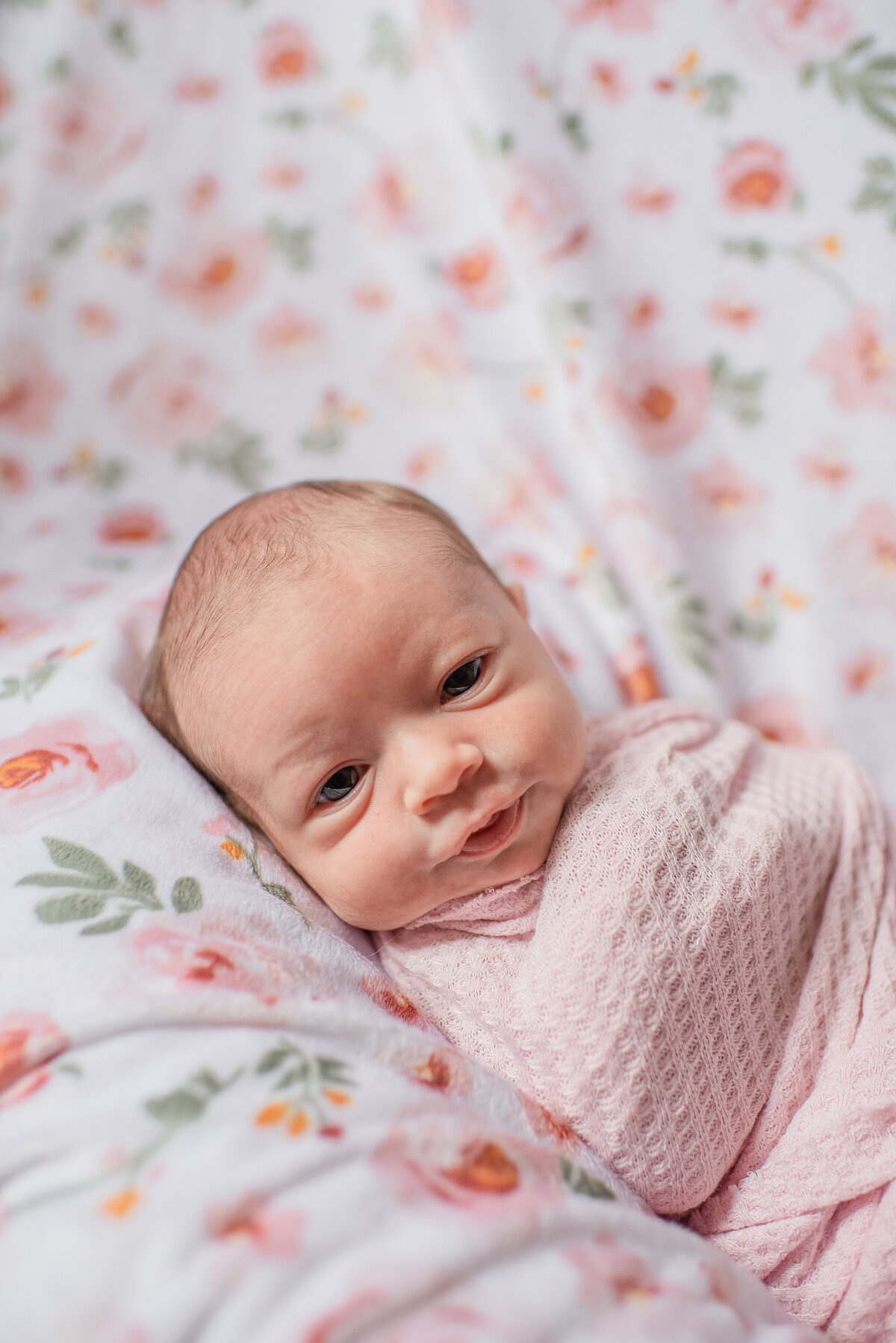 Newborn baby girl wrapped in soft pink, resting on a floral blanket – Maryland lifestyle newborn photography