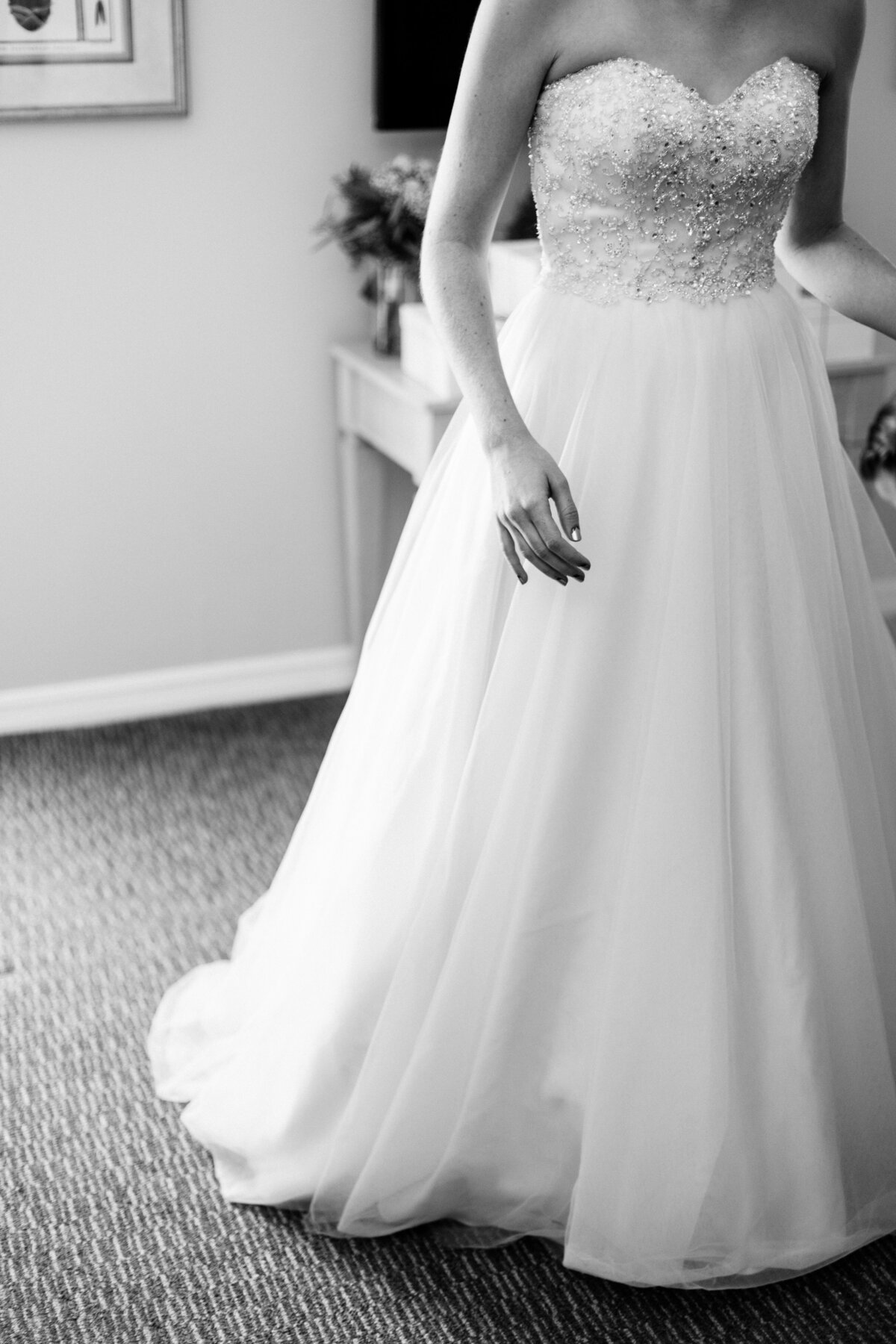 black and white photo of wedding dress