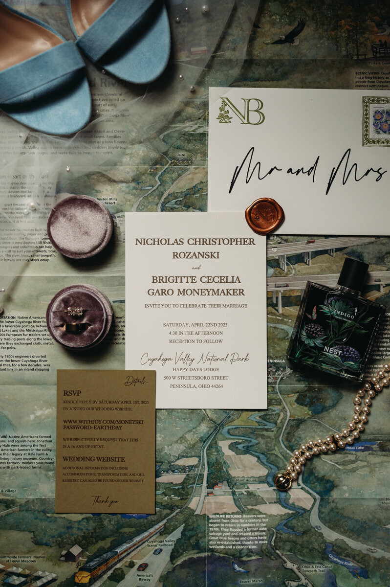 Cuyahoga Valley National Park map makes a great backdrop for wedding detail flatlay