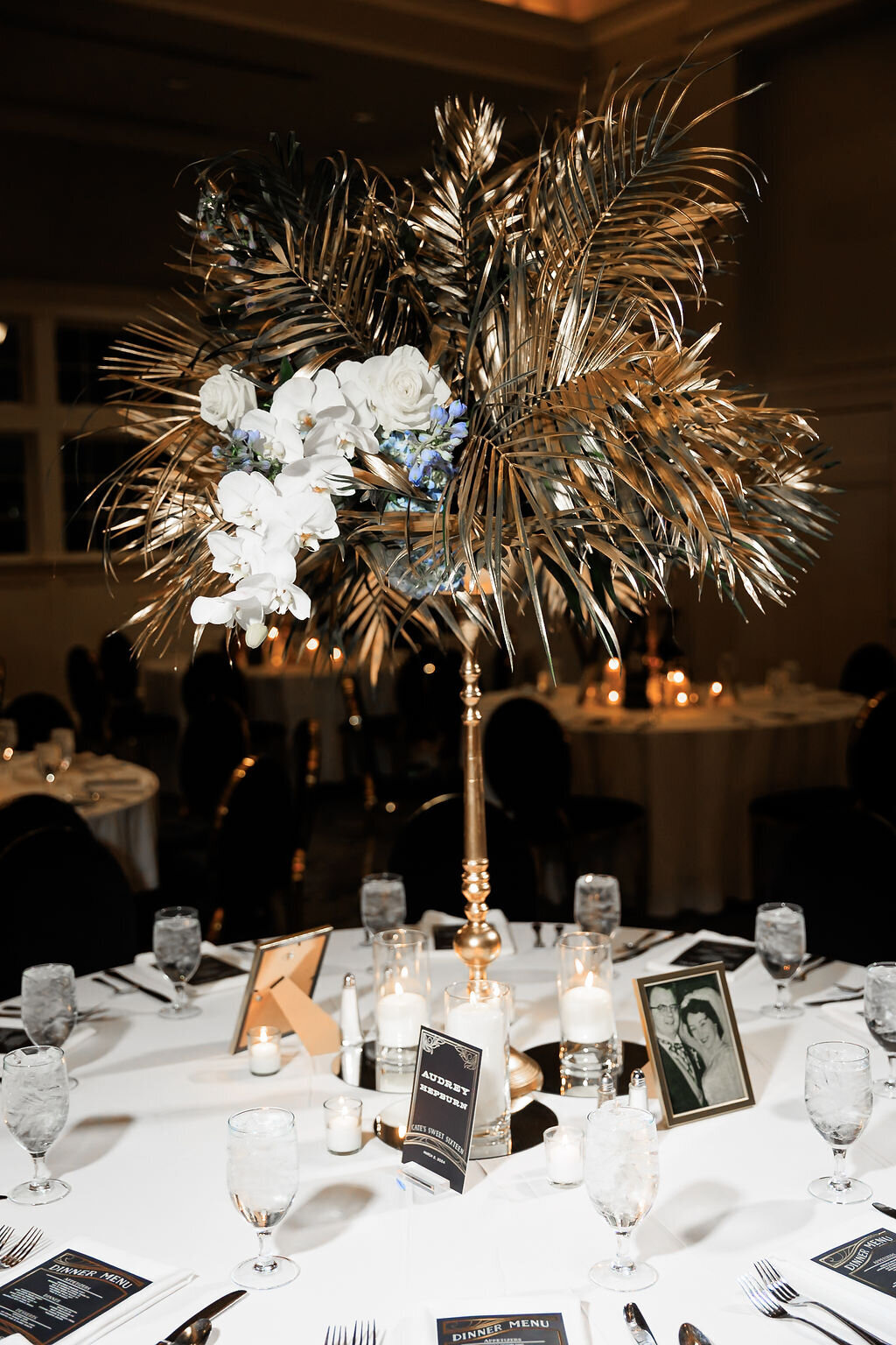 Gold & orchid Gatsby centerpiece at Park Avenue Club in Florham Park, NJ