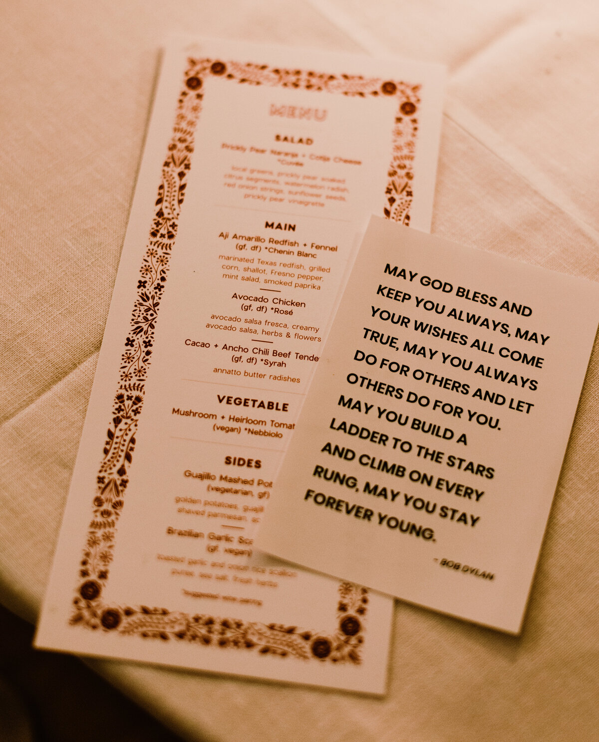 Wedding menu for Prospect House Austin wedding