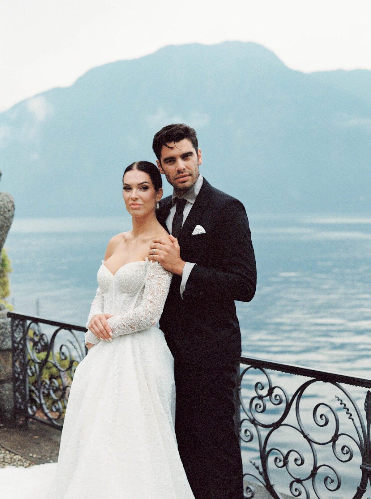 A wedding photo of the couple at Villa Balbiano on Lake Como in Italy