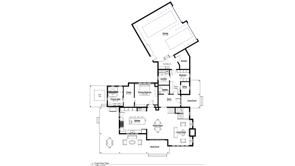 The Rosie: a single level two bedroom, two and half bathroom house plan by Pretty House Plans. 