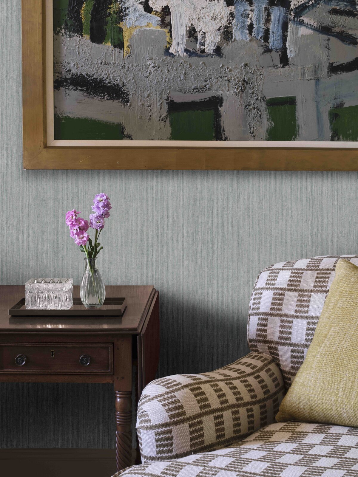 FERMOIE-AUTUMN 25-WALLPAPER-GREEN-STRIE-WPSTRI-010-ARMCHAIR-COVE-007-CUSHION-N-122-LIFESTYLE-DOOR-MED