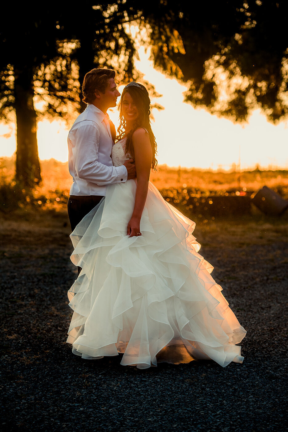 bride and groom in golden light