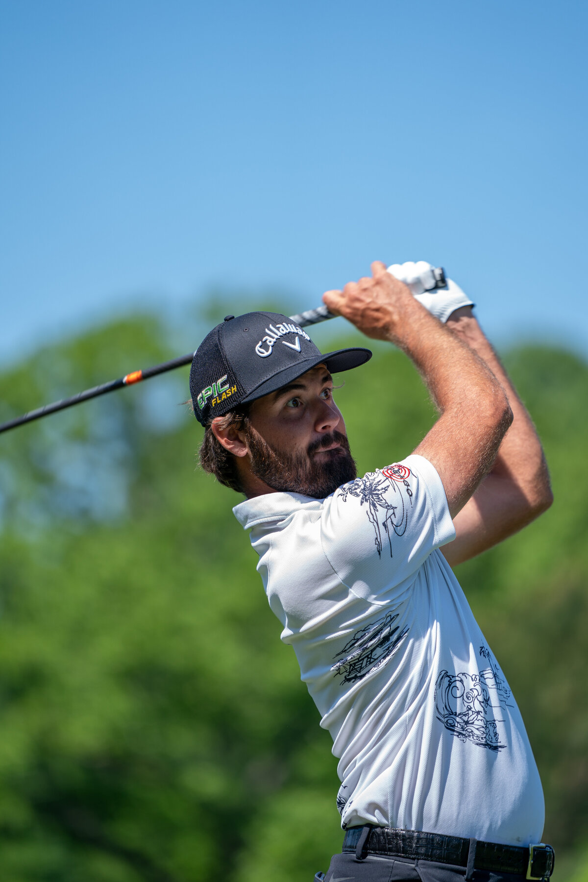 Closeup of Golfer Curtis Luck making funny face after swinging driver during practice round of 2019 Wells Fargo Championship in Charlotte, NC.