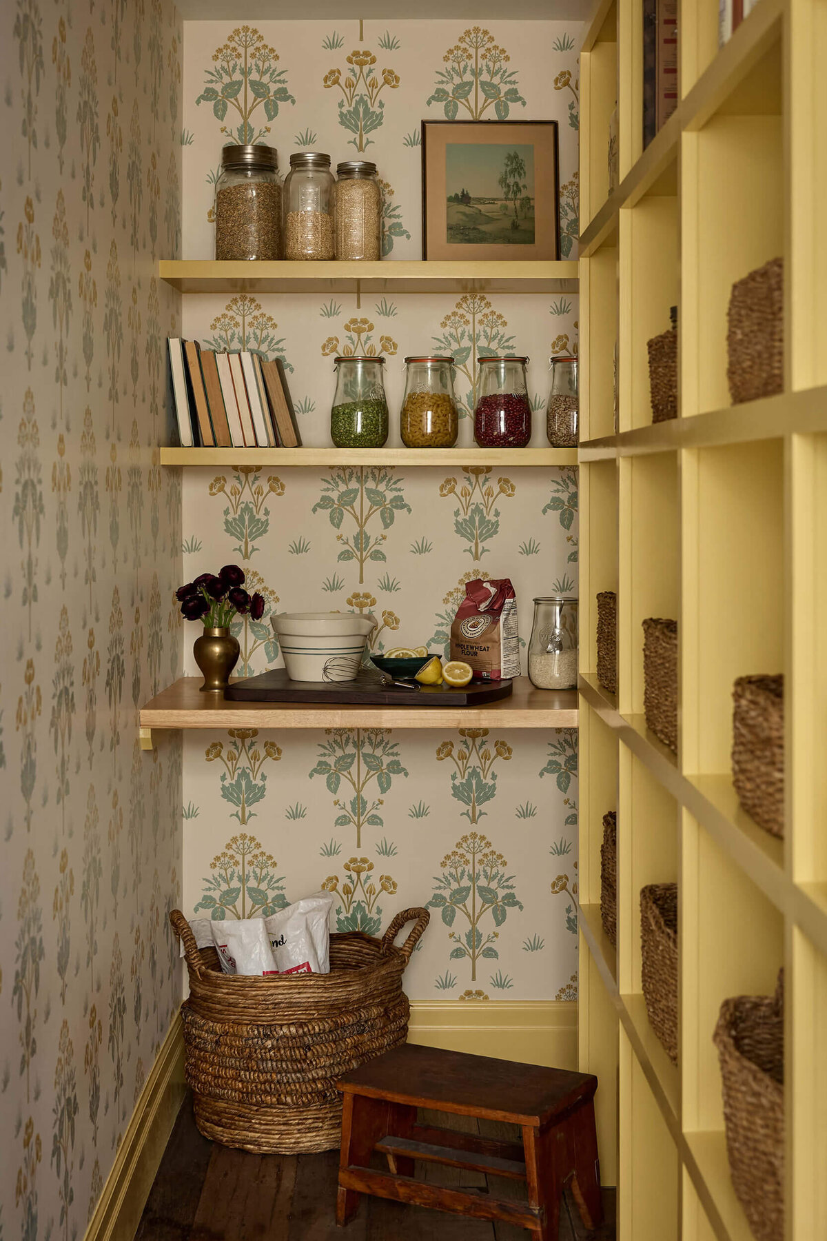 custom-pantry-yellow-shelving-floral-william-morris-wallpaper-utah-project-wilmington-interior-designer