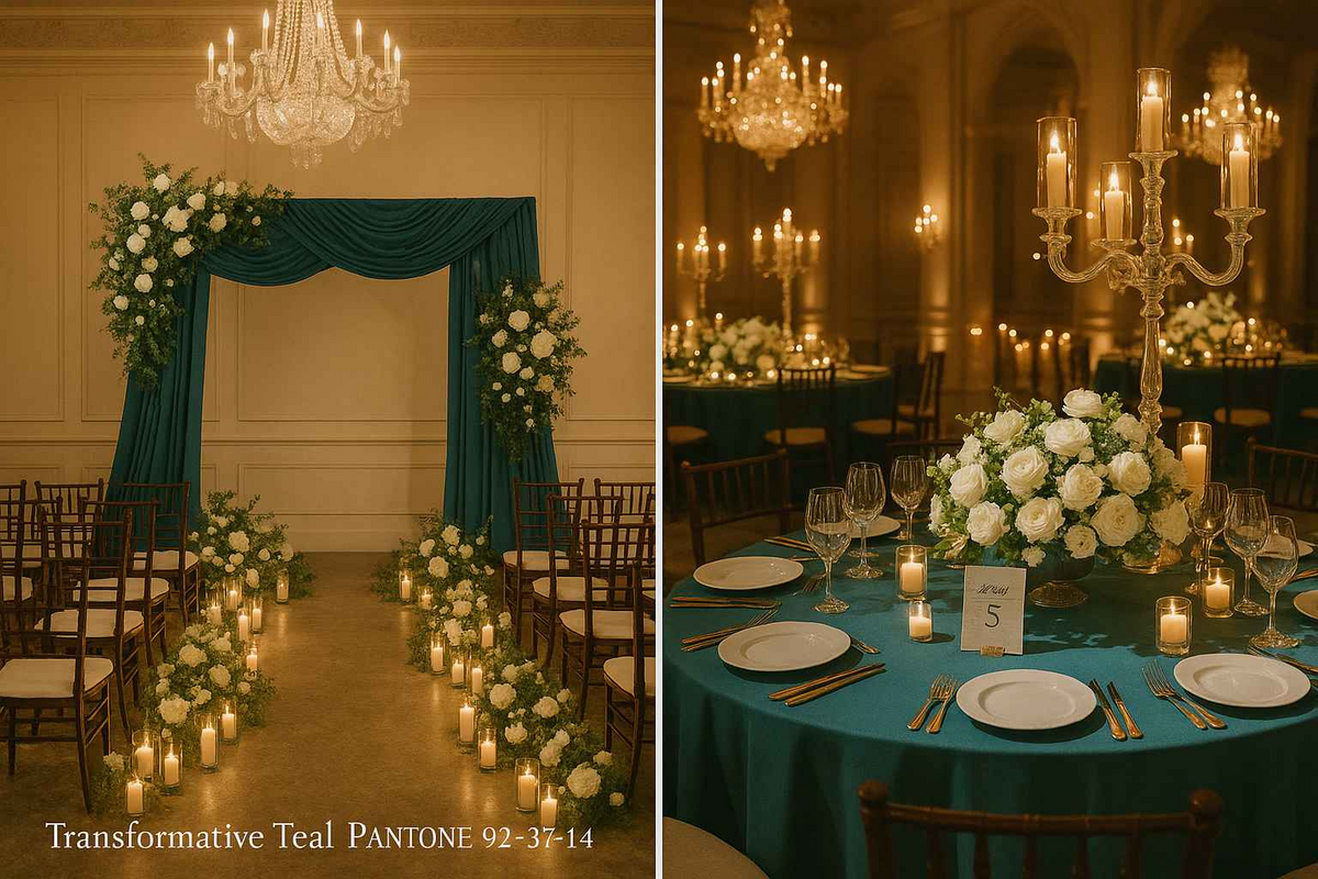 Ceremony and table set up in transformative teal with candles and chandeliers.
