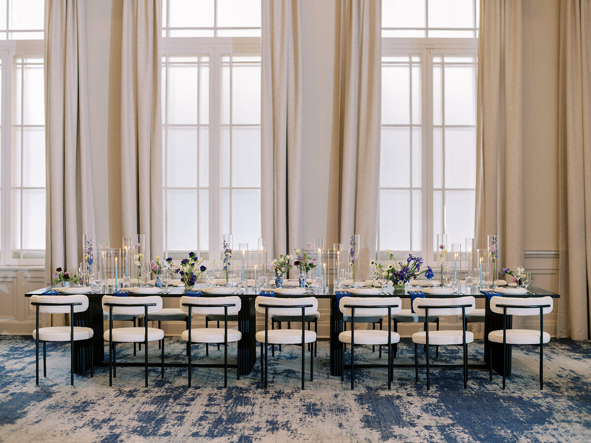 Elegant reception tablescape at Fairmont Palliser, historical and romantic, Calgary wedding venue, featured on the Brontë Bride Vendor Guide.