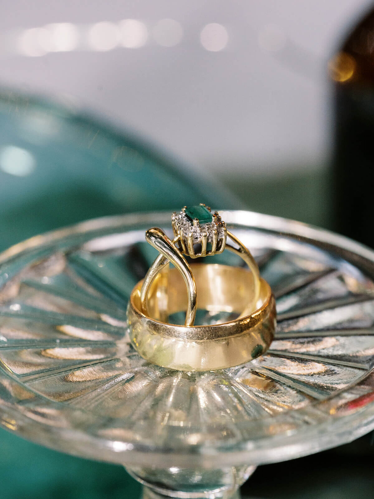 An engagement ring sitting on a platter. 