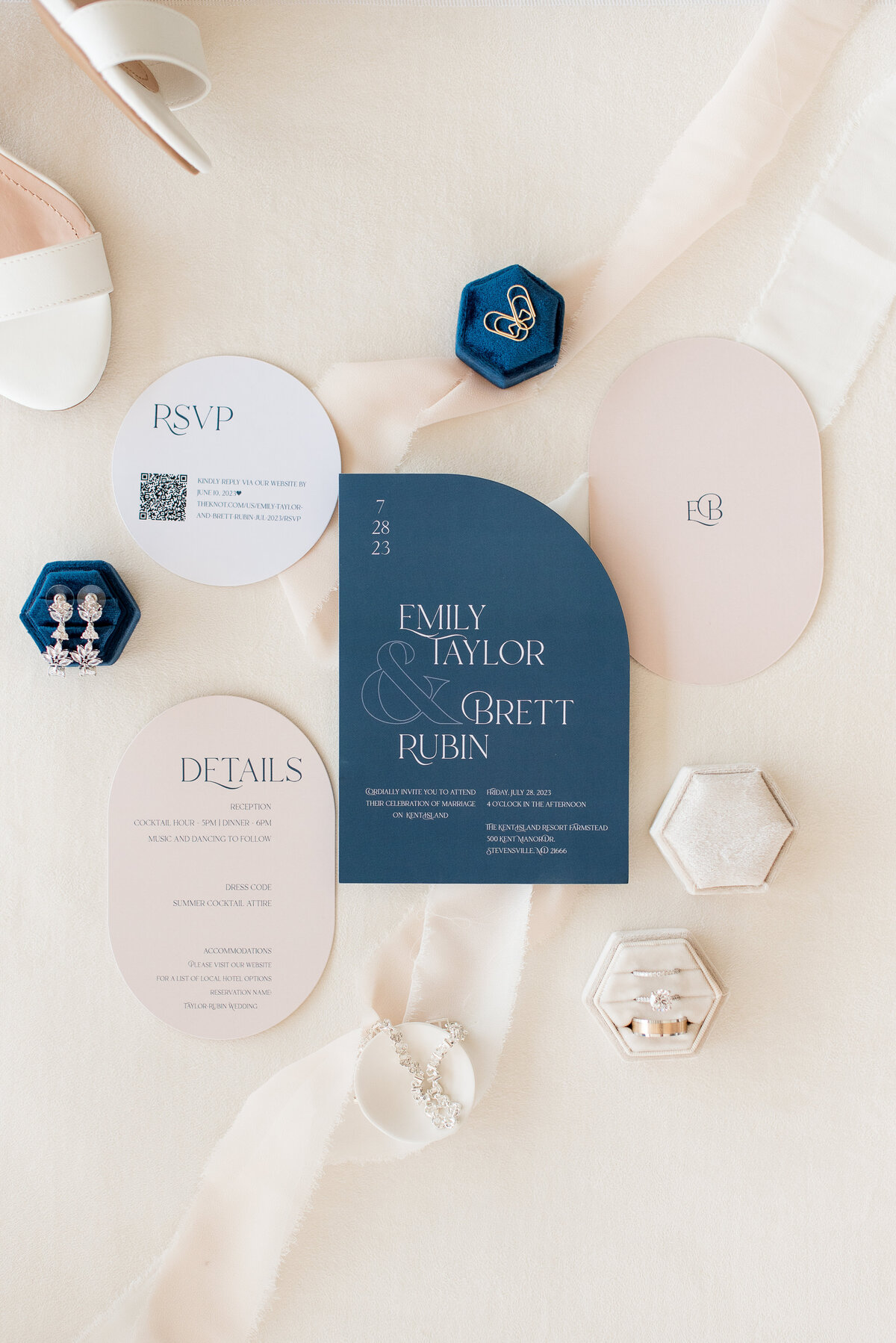 modern blush and blue invitation suite