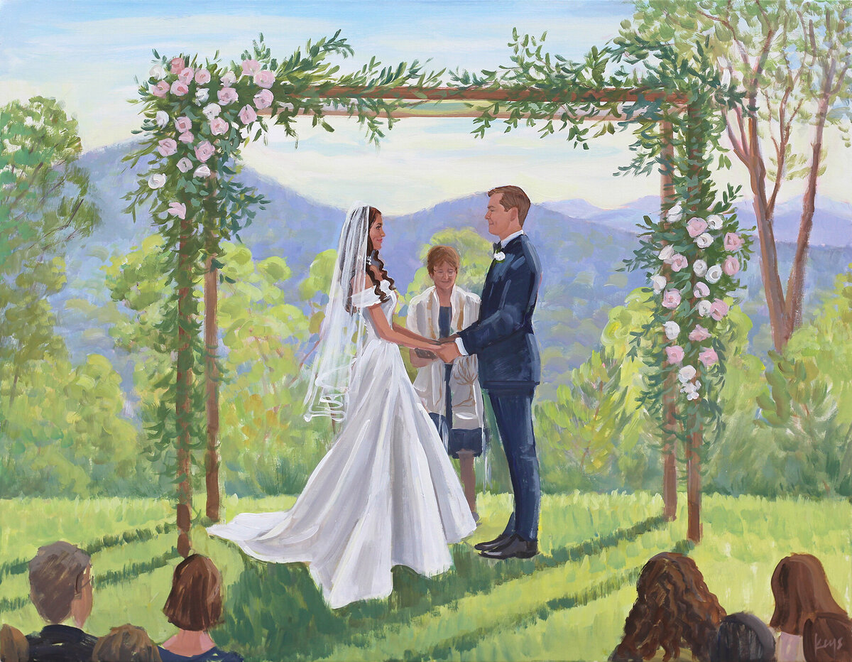 mountain painting with bride and groom