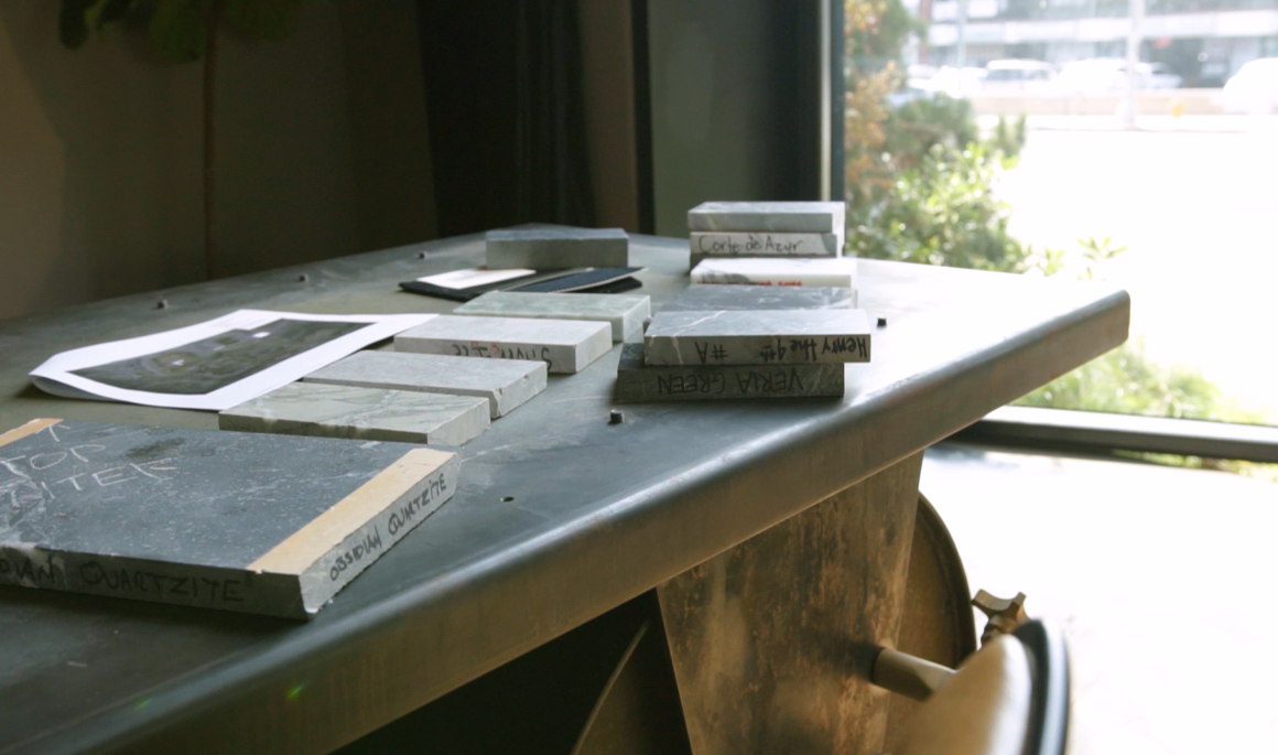 Table at the architecture office with materials picked out by Los Angeles architect