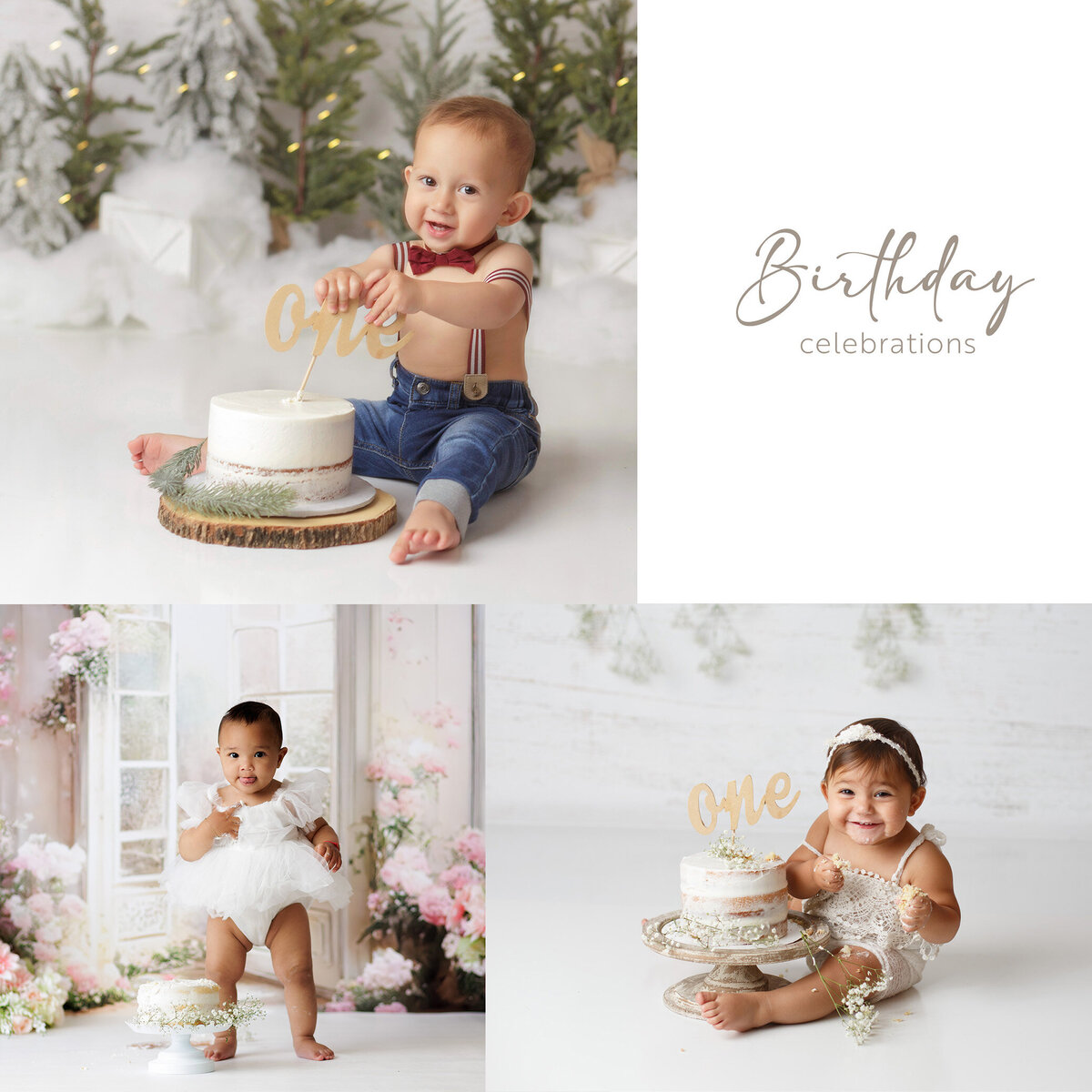 A collage of 3 babies at their cake smash  sessions. A little boy dressed in jeans with suspenders smiles at the camera holding the cake topper, the back drop is white with small pine trees.  A baby girl dress in a white tutu dress stands just behind her cake, staring at the camera.. A baby girl smiles with excitement at the camera as she smashes her birthday cake.