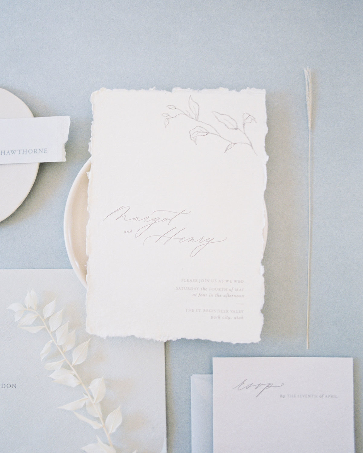 Dominique Alba Minimalist wedding invitation collection Flora invitation card with floral sketches