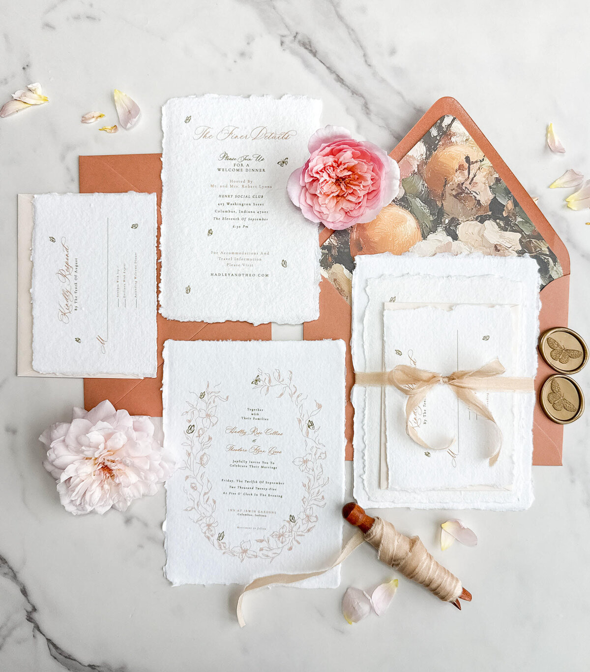 delicate invitation suite with handmade paper, floral line art, butterfly art, vintage painting envelope liner, silk ribbon, gold wax seal, bespoke and custom wedding stationery. 