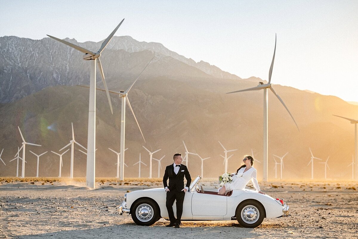 Classic Car at the Windmills with Bride and Groom