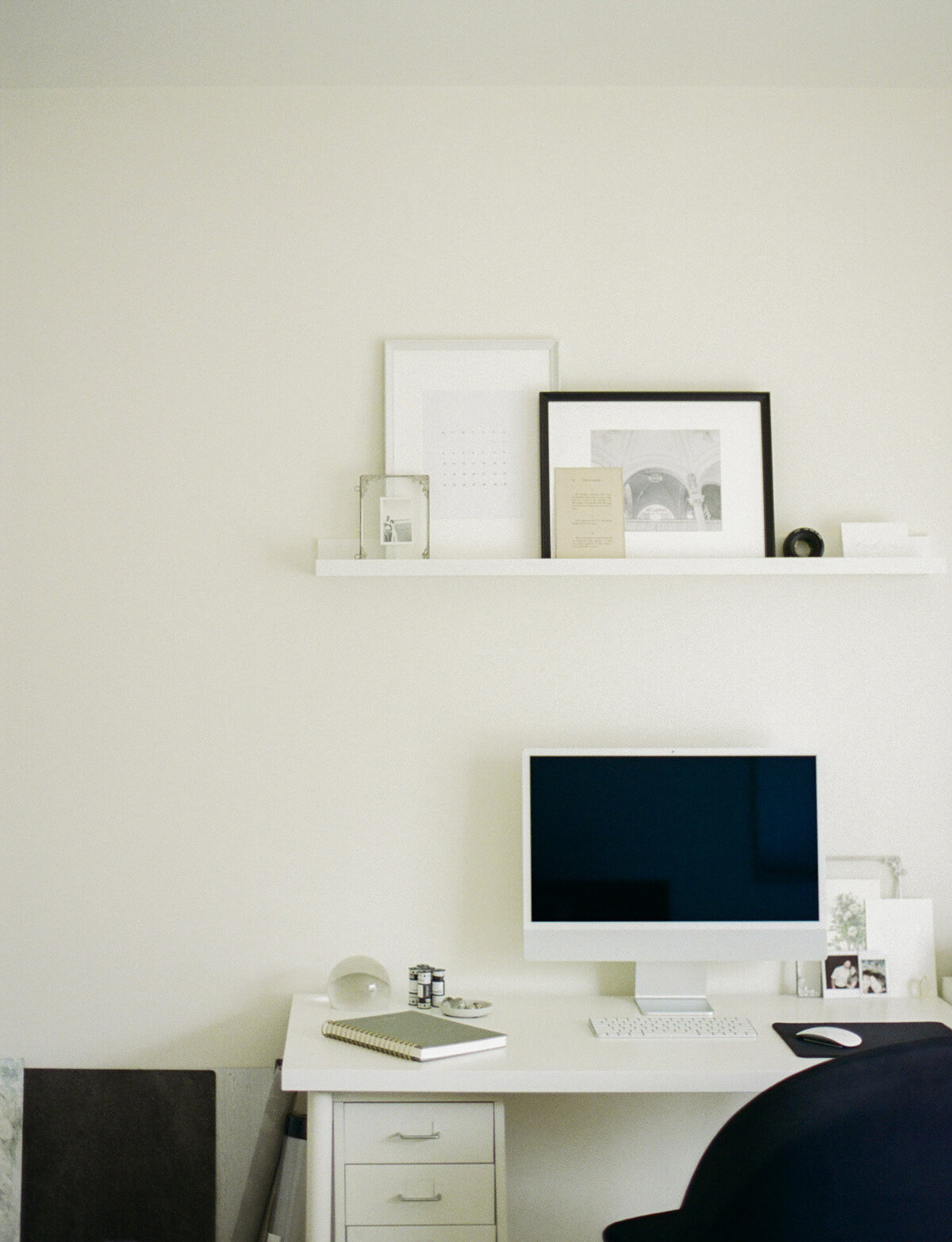 white, ethereal office space, artistic desk space, photographer workspace, interior film branding photo