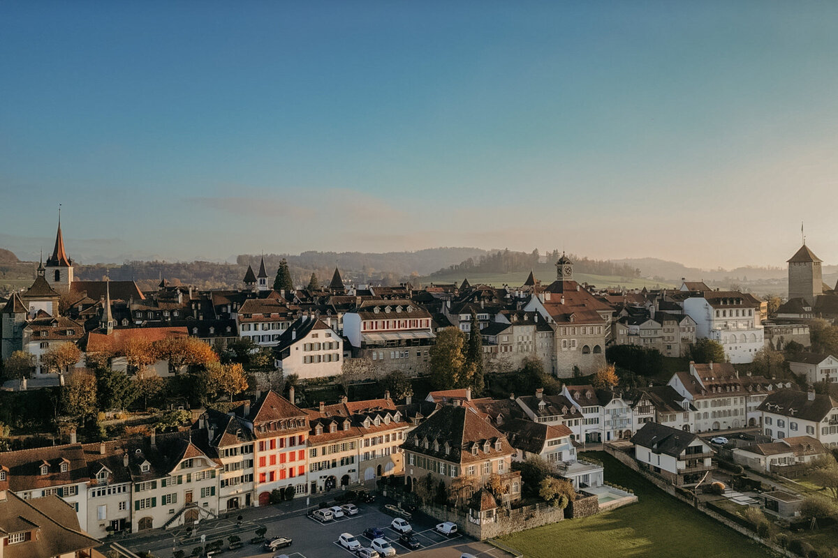 Drone picture of a historical village in Switzerland.