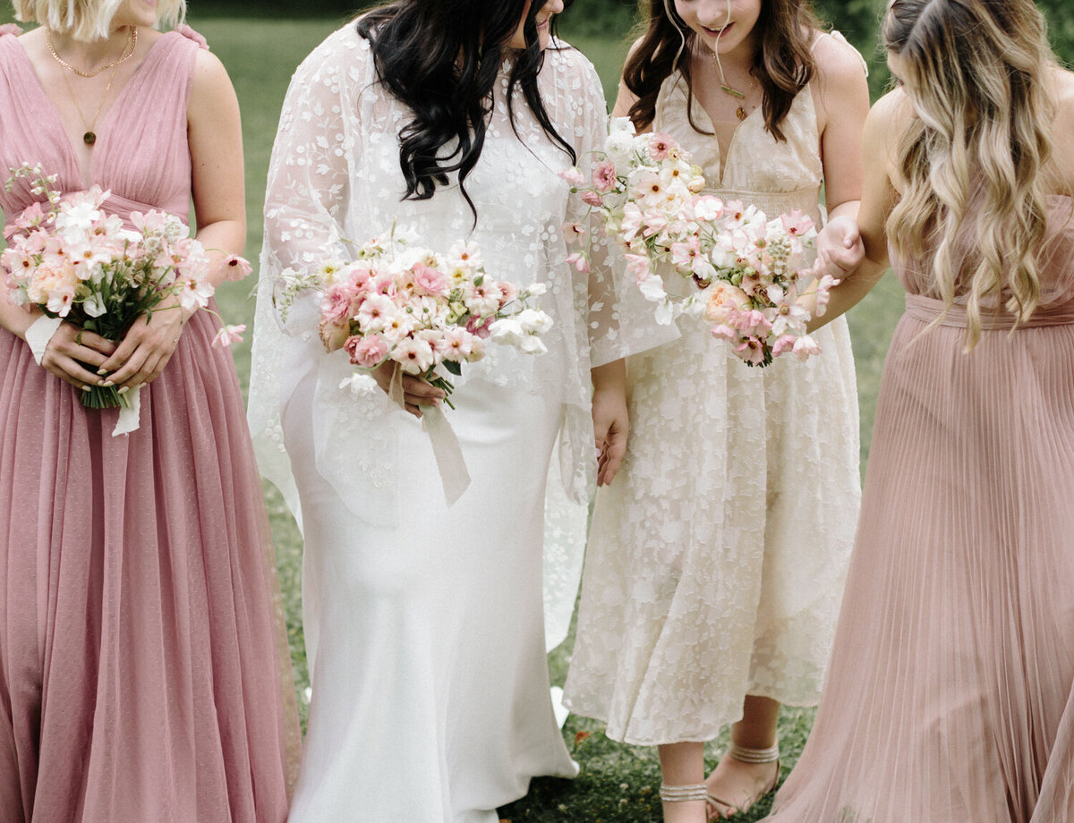 different bridesmaids dresses, shades of pink, warm colors, Glass House wedding