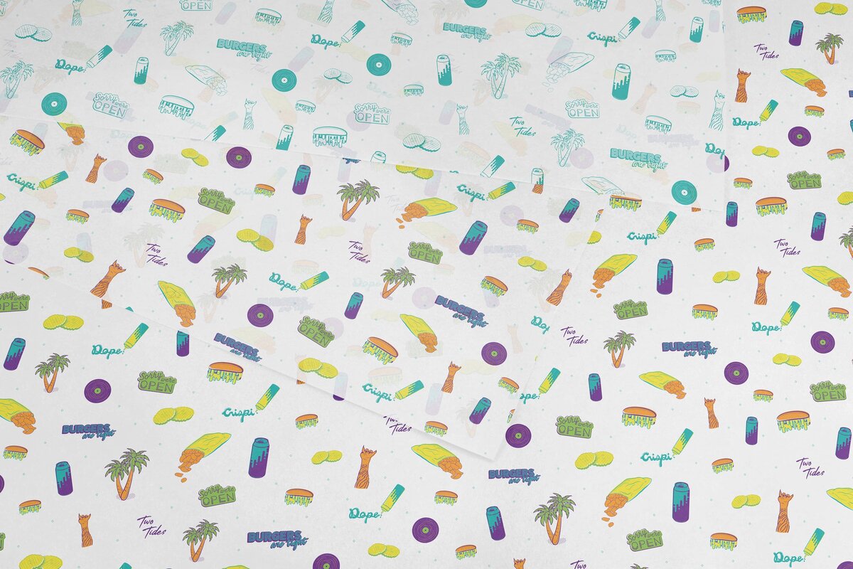 Crispi brand pattern in full-color and in teal printed on tissue paper