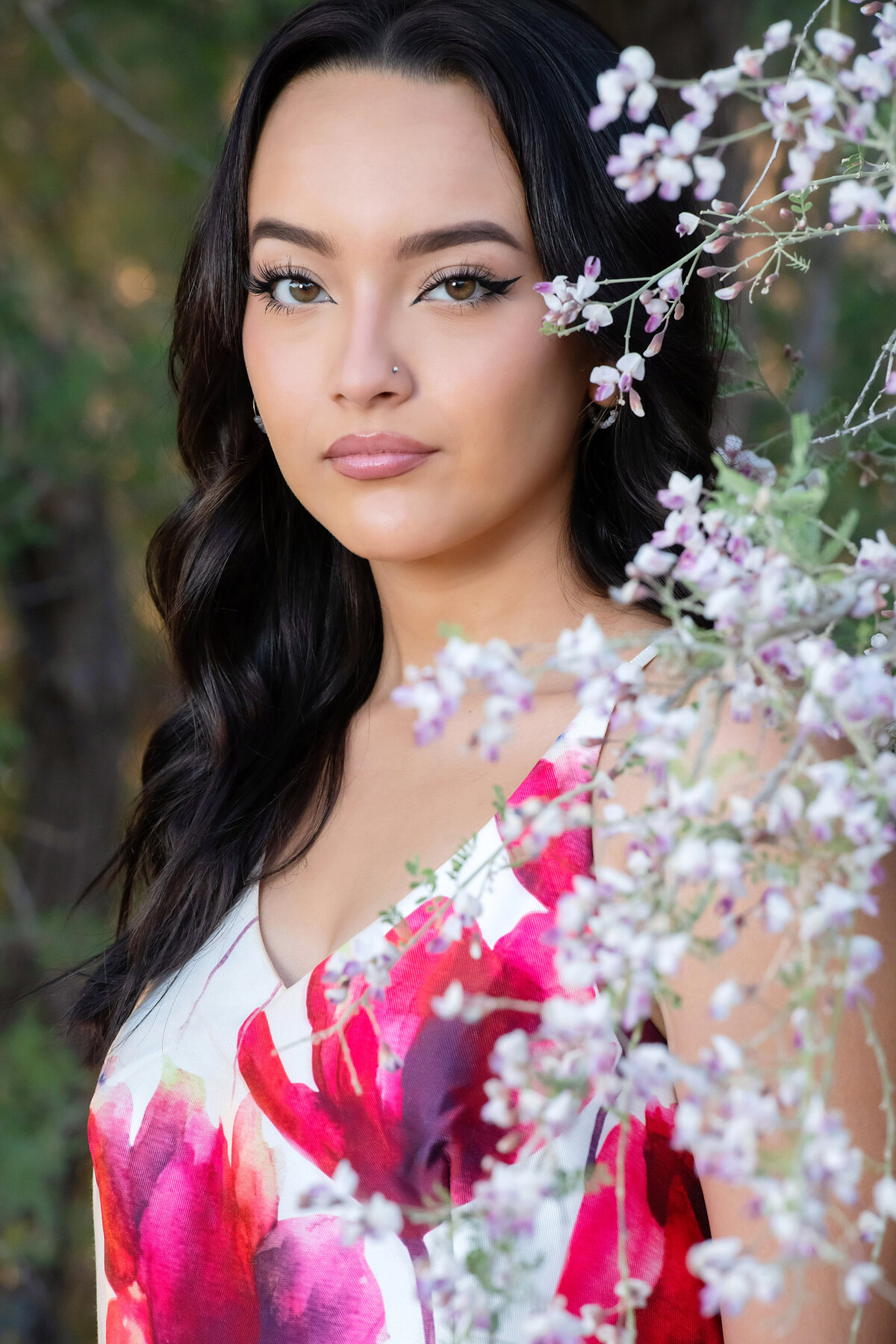 senior with pink flowers