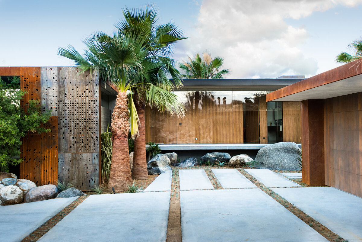 Modern concrete driveway of modern palm springs home