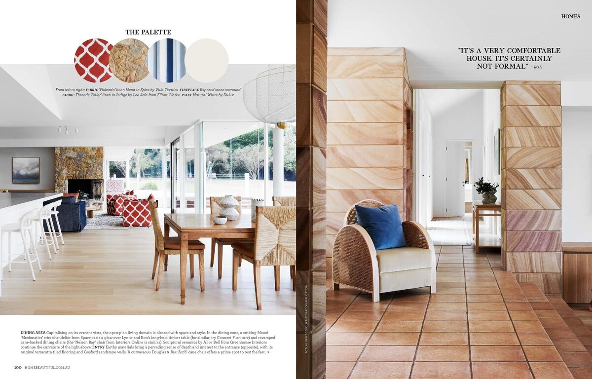 Magazine spread for Lisa Hunter Interiors featuring indoor dining seating