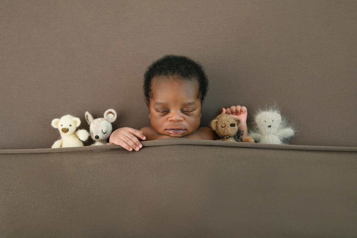 newborn baby boy laying on a brown background with a bunch of stuffies for his newborn photos in Burlington, Ontario