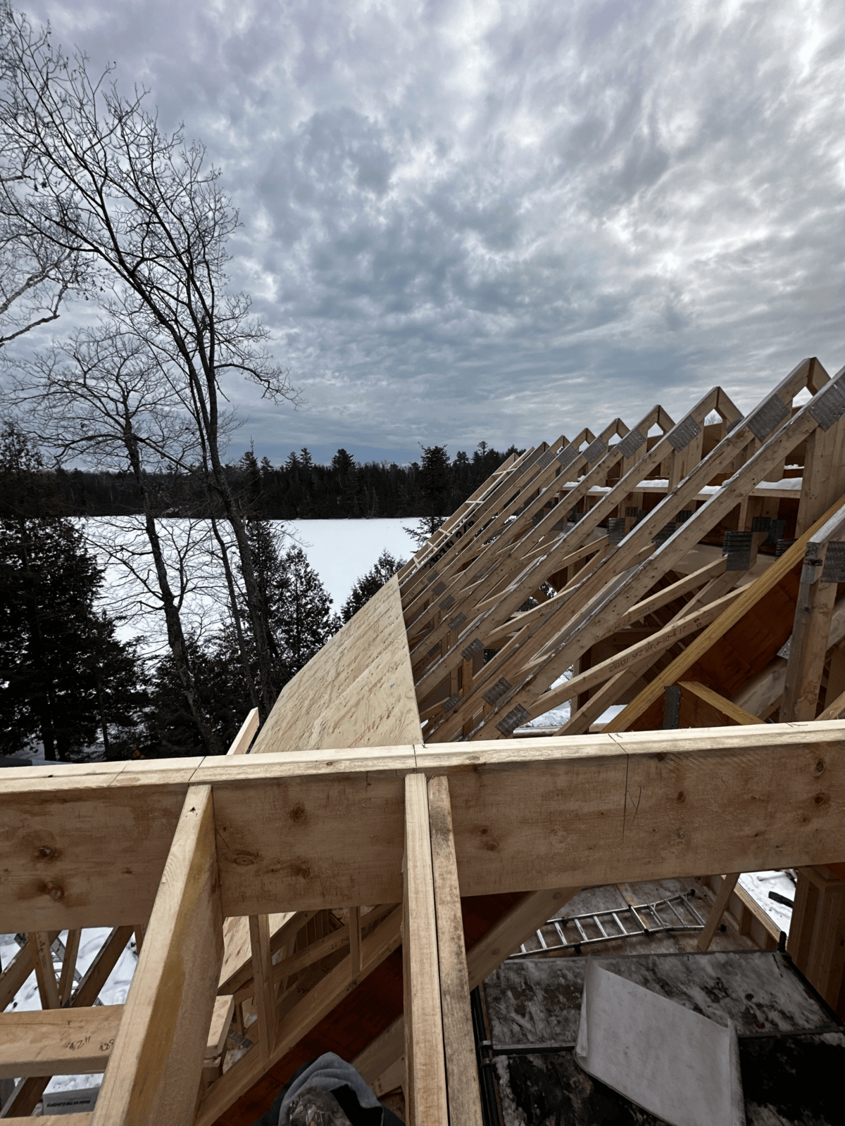Luxury timber home construction Haliburton Highlands with lakeside views and premium wood craftsmanship throughout.
