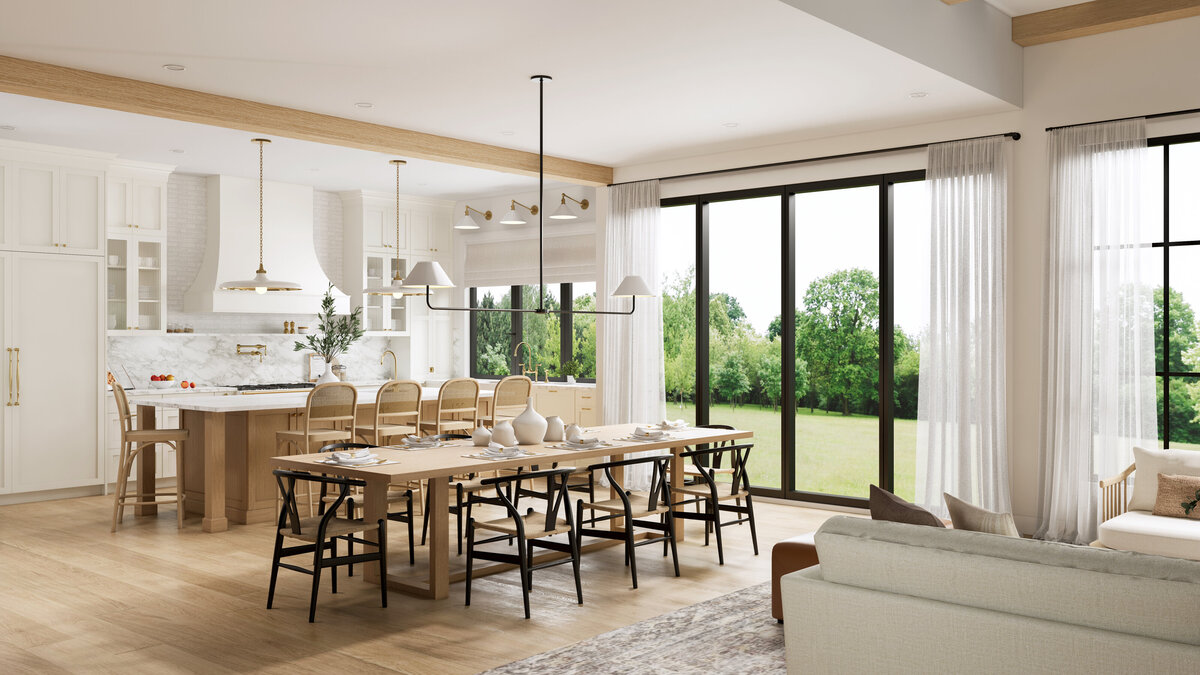 Interior design rendering of a kitchen and dining room by Ashley de Boer Interiors