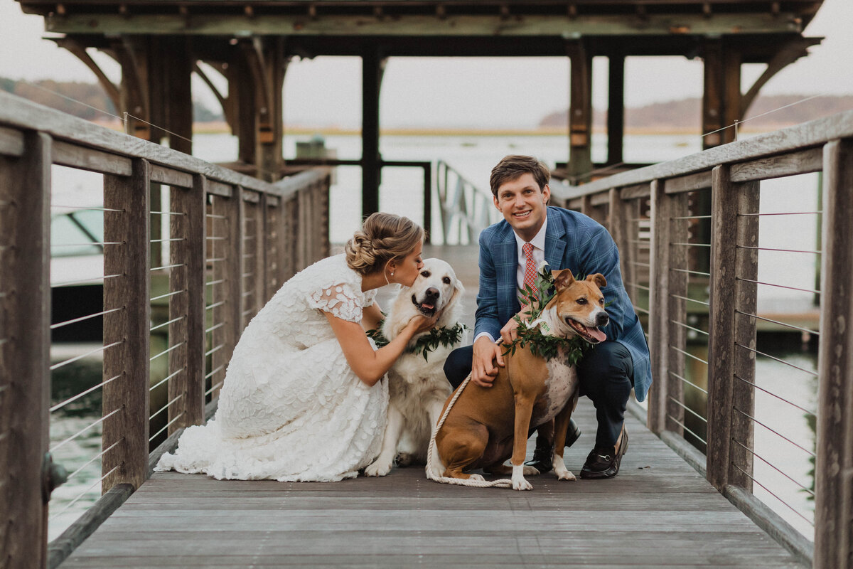 Bluffton Wedding  | Palmetto Bluff Wedding  | Trish Beck Events | HIlton Head Bluffton Wedding Planner | Southeast Wedding Planner |  Bride and Groom with Dogs on the Dock
