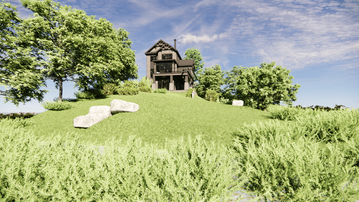 A small, modern wooden house with large windows sits atop a grassy hill, surrounded by lush green trees and shrubs. A clear sky with scattered clouds stretches above, adding to the serene and natural setting.