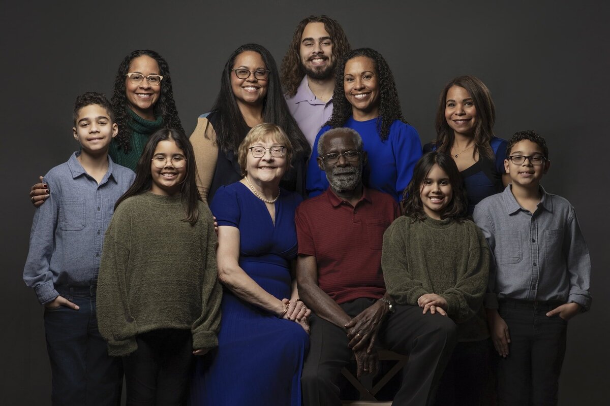 Big family indoor portrait session in Edmonton with grandparents and kids