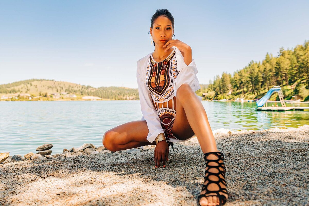 Montana model posing on shore of Foys Lake in Kalispell, MT